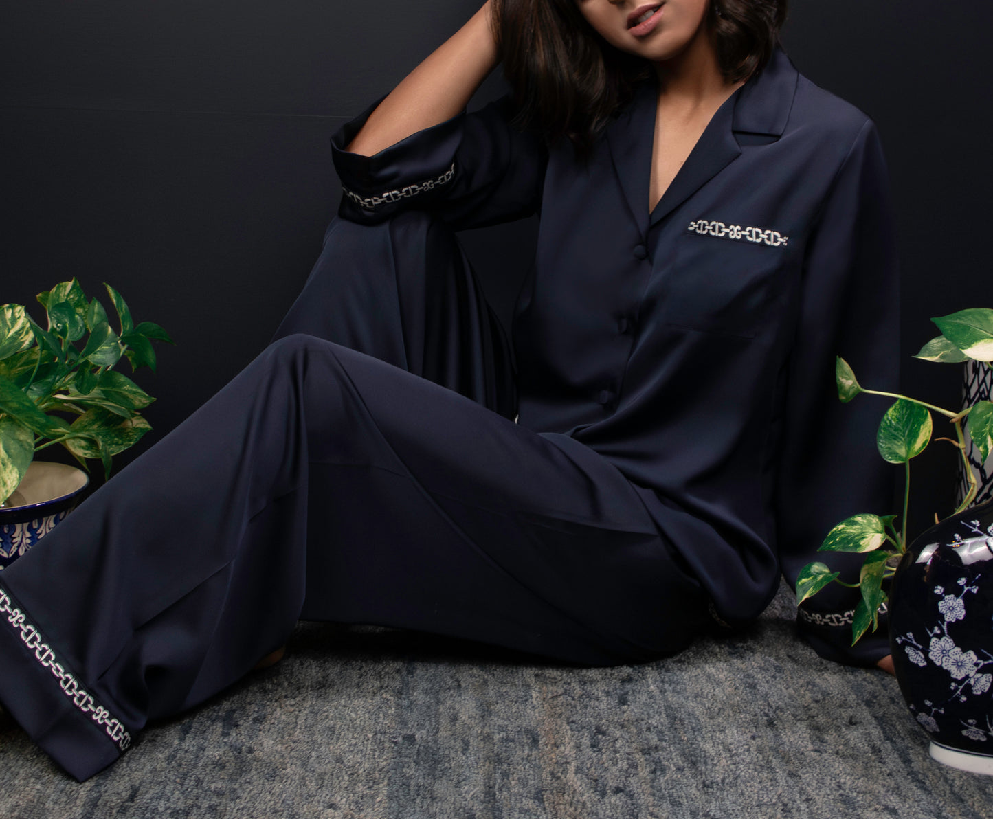The Navy Satin Set